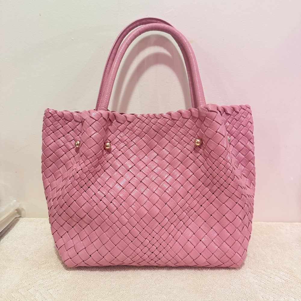 Ghibli Pink Genuine Leather Woven Tote Handbag Removable Pouch Gold Hardware